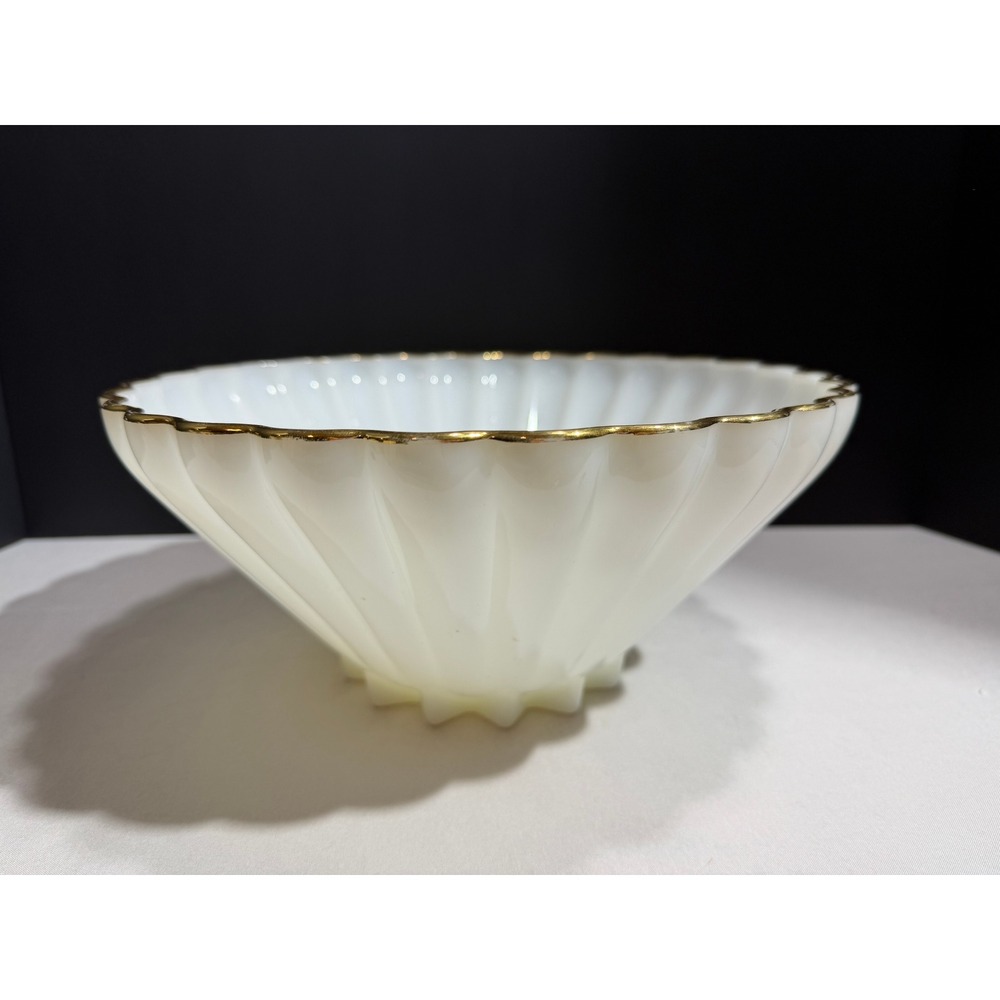 Vintage Fire-King Milk Glass Ribbed Bowl Scalloped Gold Trim Mid-Century Modern